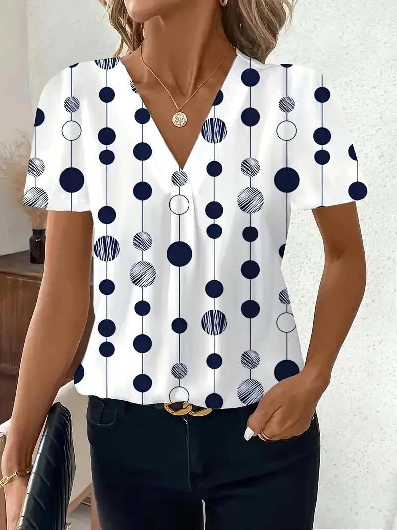 Kısa Kollu Nokta Desenli Beyaz Kadın Gömlek