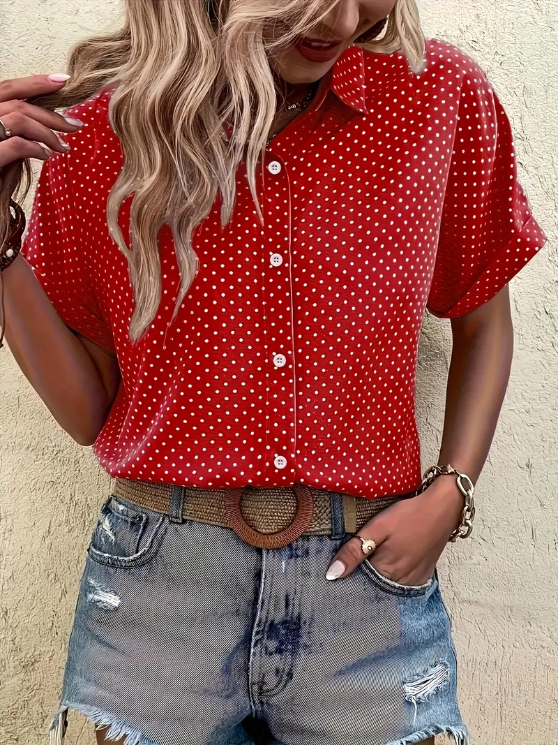 Kısa Kollu Nokta Desenli Kırmızı Kadın Gömlek