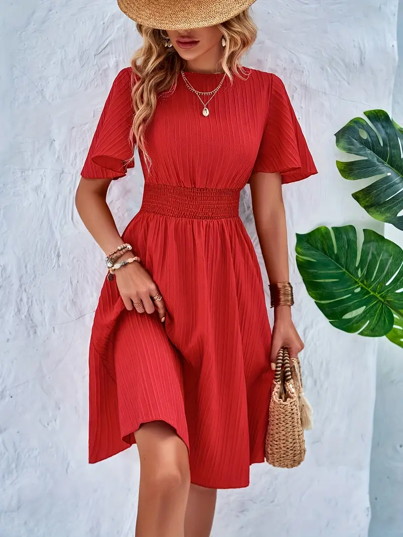 Yuvarlak Yaka Özel Kumaş Kırmızı Kısa Elbise