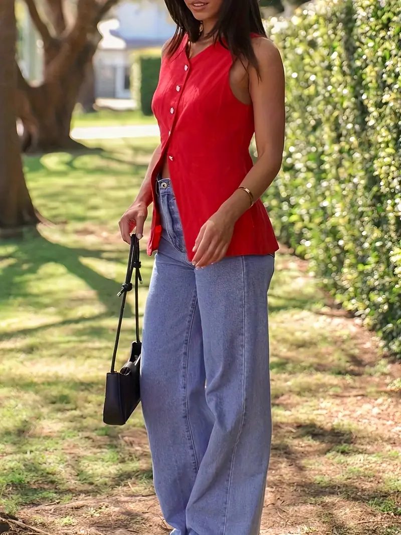 Standart Yaka Fularlı Kısa Kollu Kırmızı Kadın Bluz