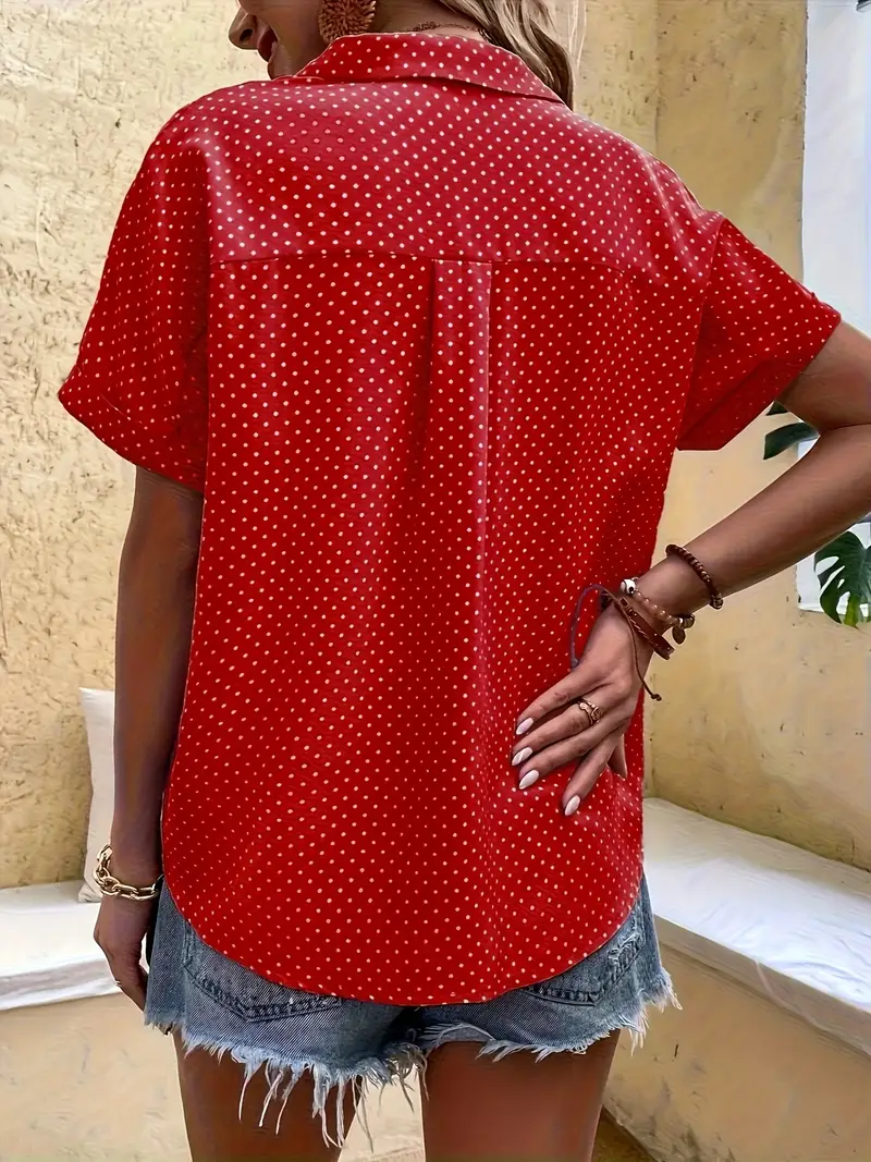 Kısa Kollu Nokta Desenli Kırmızı Kadın Gömlek