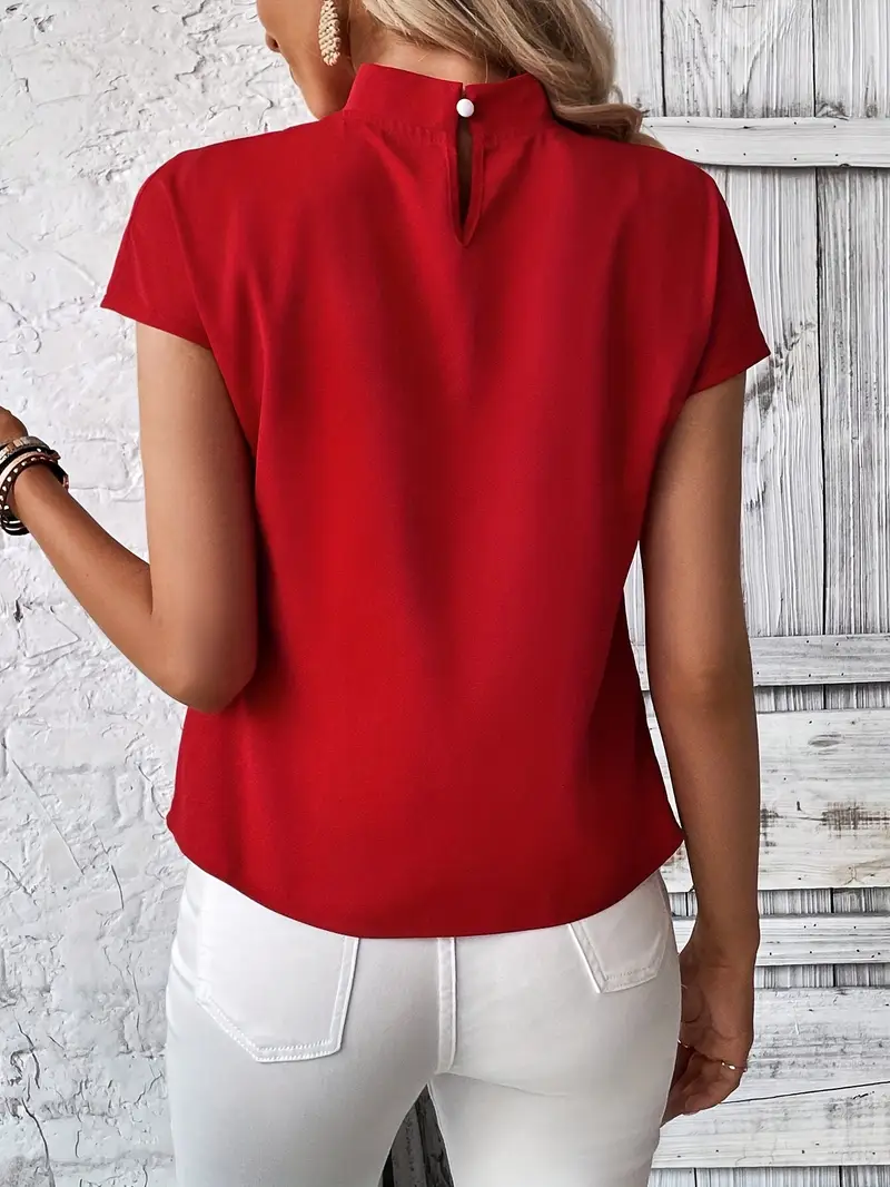 Standart Yaka Fularlı Kısa Kollu Kırmızı Kadın Bluz
