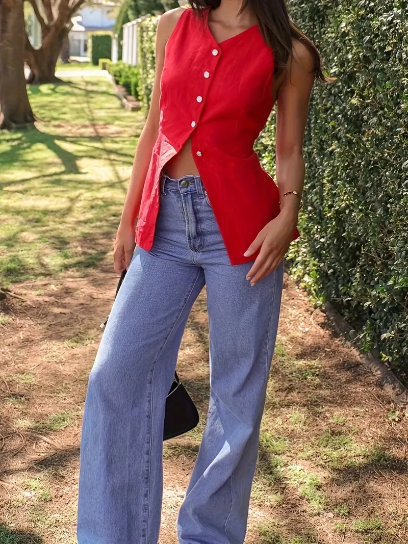 Standart Yaka Fularlı Kısa Kollu Kırmızı Kadın Bluz