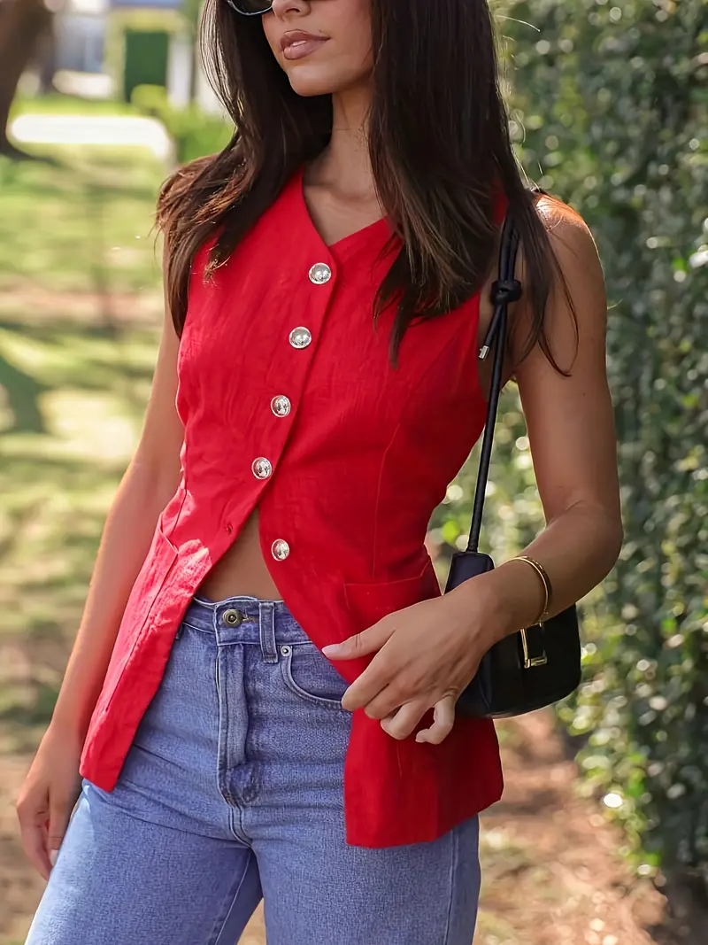 Standart Yaka Fularlı Kısa Kollu Kırmızı Kadın Bluz