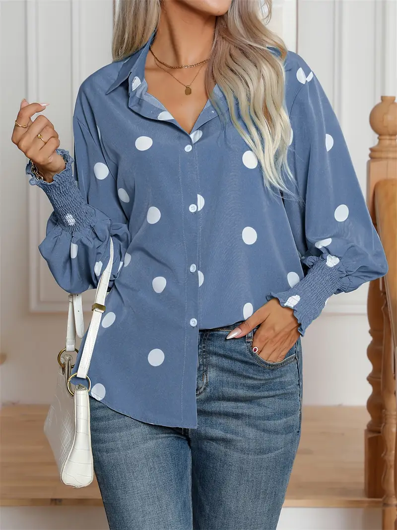 Kısa Kollu Nokta Desenli Mavi Kadın Gömlek