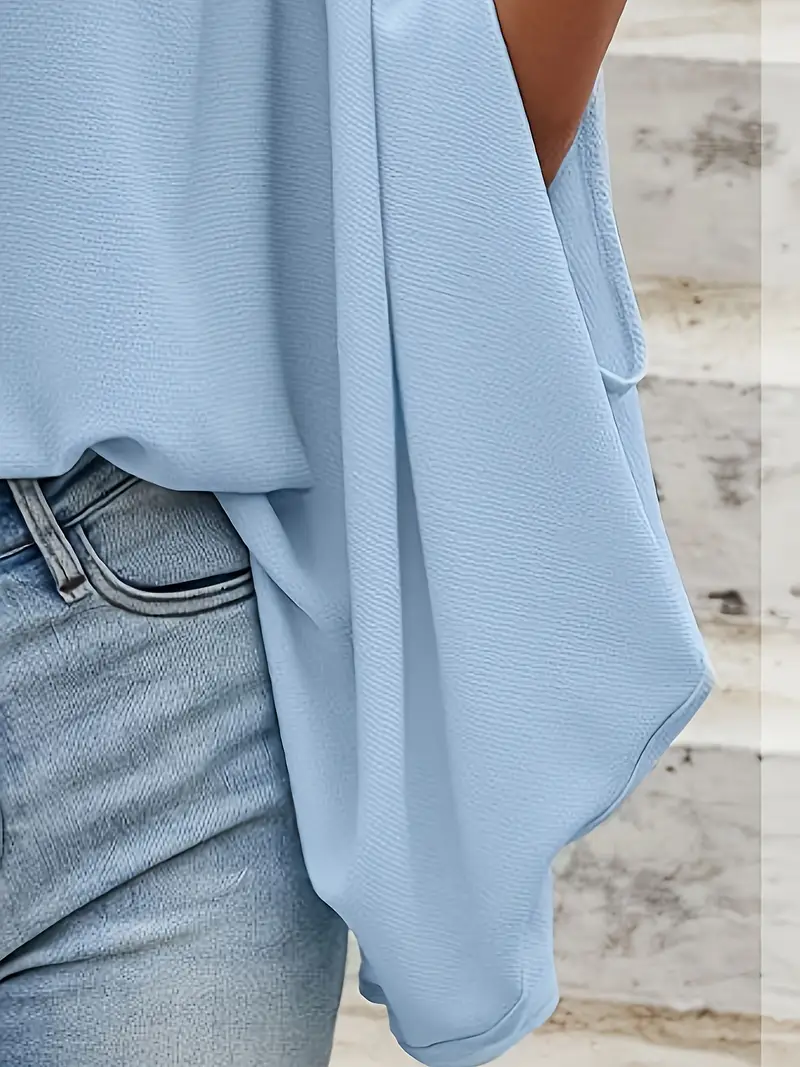 Standart Yaka Fularlı Kısa Kollu Mavi Kadın Bluz