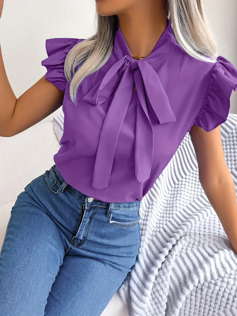 Standart Yaka Fularlı Kısa Kollu Mor Kadın Bluz