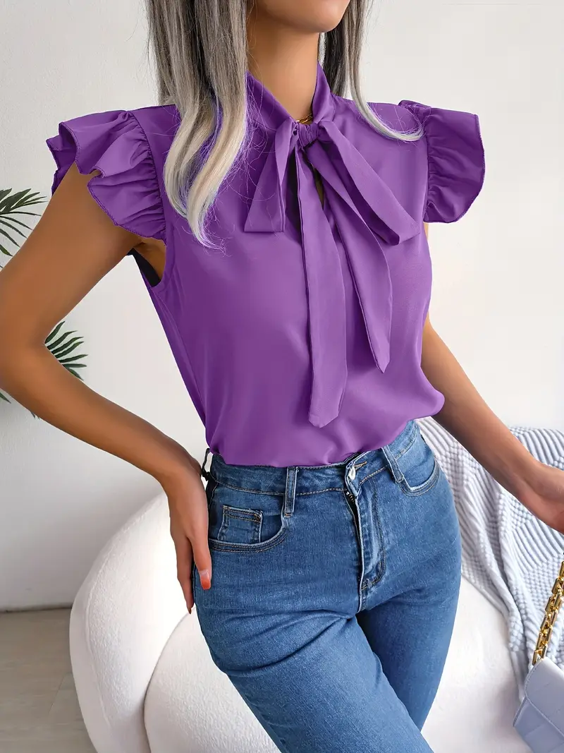 Standart Yaka Fularlı Kısa Kollu Mor Kadın Bluz