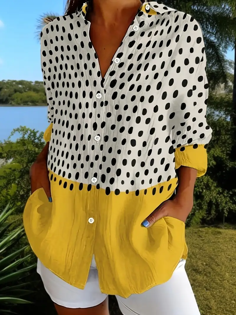 Kısa Kollu Nokta Desenli Sarı Kadın Gömlek