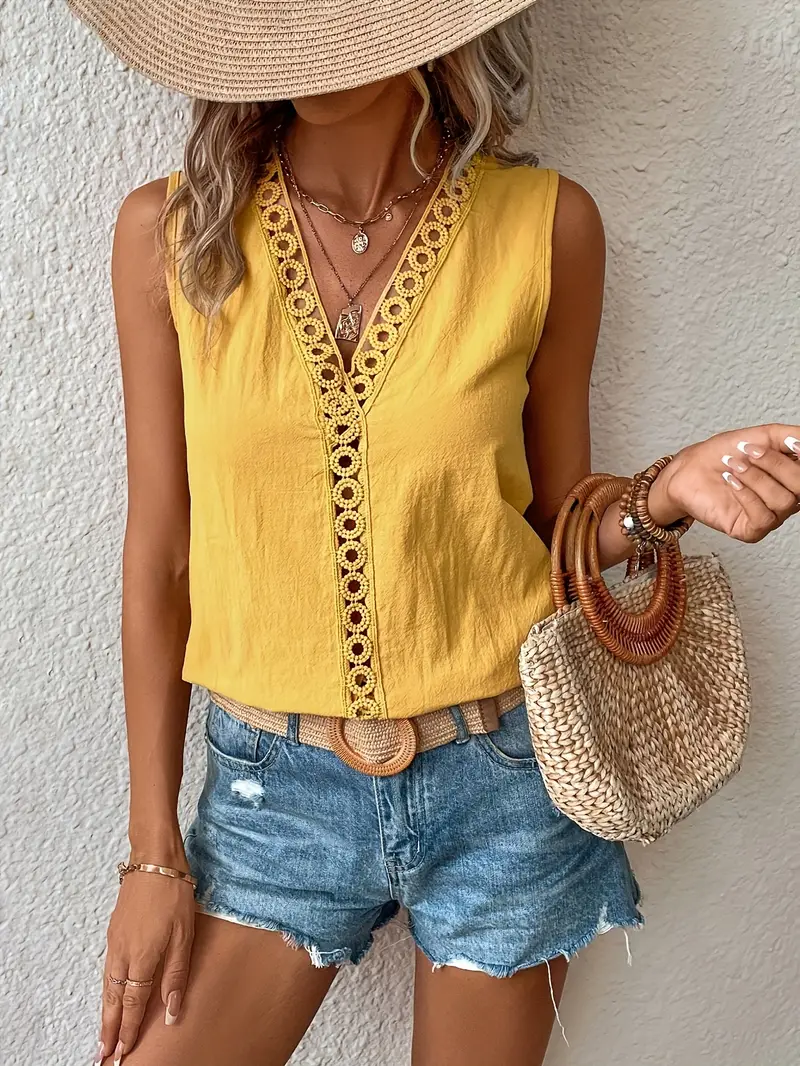 Standart Yaka Fularlı Kısa Kollu Sarı Kadın Bluz