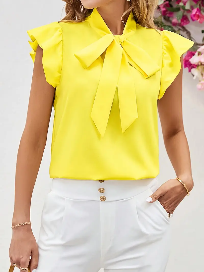 Standart Yaka Fularlı Kısa Kollu Sarı Kadın Bluz