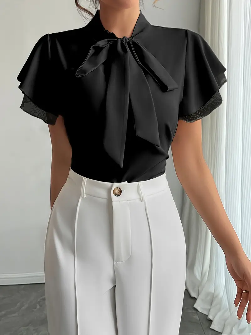 Standart Yaka Fularlı Kısa Kollu Siyah Kadın Bluz