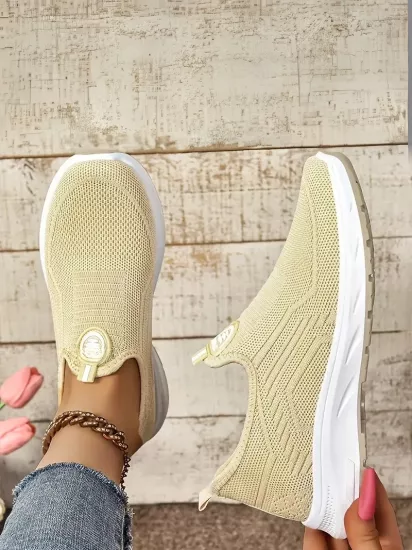 Örgü Kumaş, Rahat Günlük Giyim Bağcıksız Bej Kadın Ayakkabı