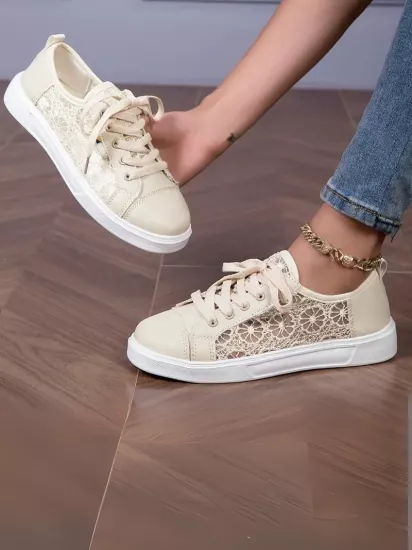 Hakiki Deri Yeni Sezon Bağcıklı Bej Kadın Günlük Ayakkabı