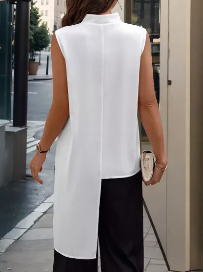 Standart Yaka Fularlı Kısa Kollu Beyaz Kadın Bluz