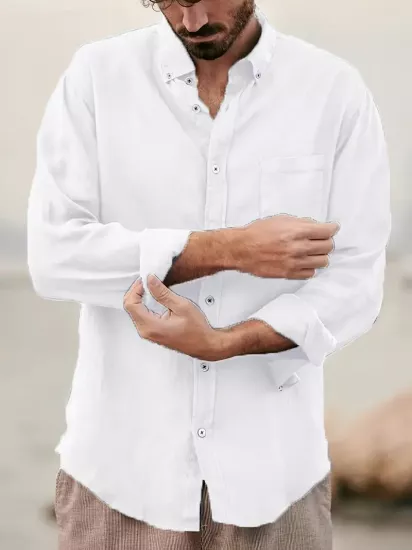 Erkekler için Şık Düz Renk Uzun Kollu Pamuk Gömlek Düğmeli Göğüs Cebi ile, İlkbahar ve Sonbahar Gezileri için Mükemmel, Makinede Yıkanabilir