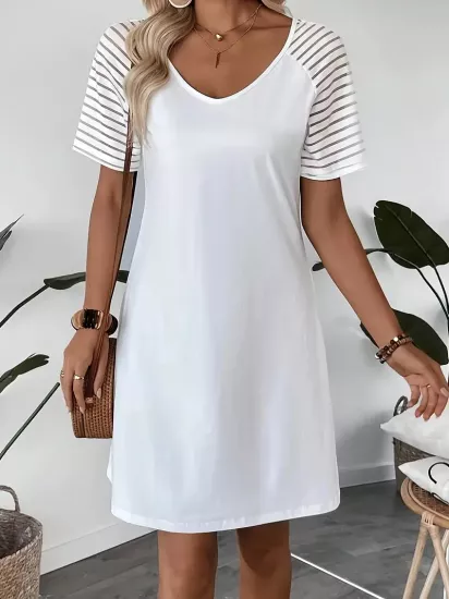 Yuvarlak Yaka Özel Kumaş Beyaz Kısa Elbise