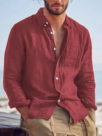 Erkekler için Şık Düz Renk Uzun Kollu Pamuk Gömlek Düğmeli Göğüs Cebi ile, İlkbahar ve Sonbahar Gezileri için Mükemmel, Makinede Yıkanabilir