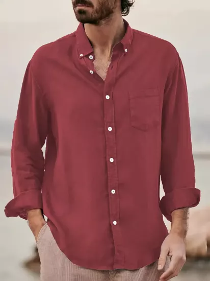 Erkekler için Şık Düz Renk Uzun Kollu Pamuk Gömlek Düğmeli Göğüs Cebi ile, İlkbahar ve Sonbahar Gezileri için Mükemmel, Makinede Yıkanabilir