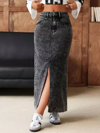 Klasik Düz Günlük Kullanım İçin Gri Kadın Jean Etek