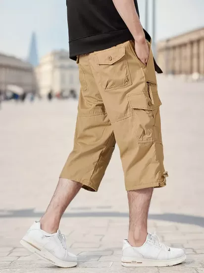 Çoklu Fermuarlı Cep Detaylı Taktik Kargo Pantolon Pamuk Karışımı, Esnek Bel Bantı, Düğmeli Kapama Erkek Şort