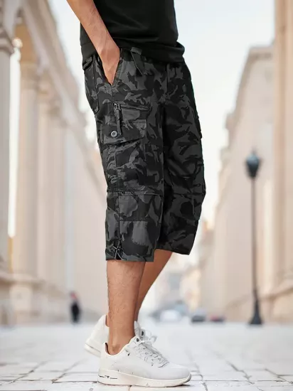Çoklu Fermuarlı Cep Detaylı Taktik Kargo Pantolon Pamuk Karışımı, Esnek Bel Bantı, Düğmeli Kapama Erkek Şort