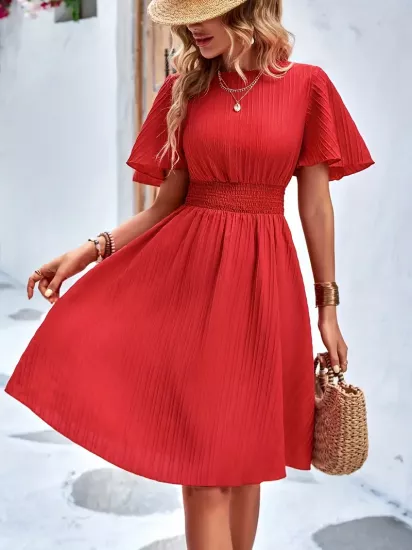 Yuvarlak Yaka Özel Kumaş Kırmızı Kısa Elbise