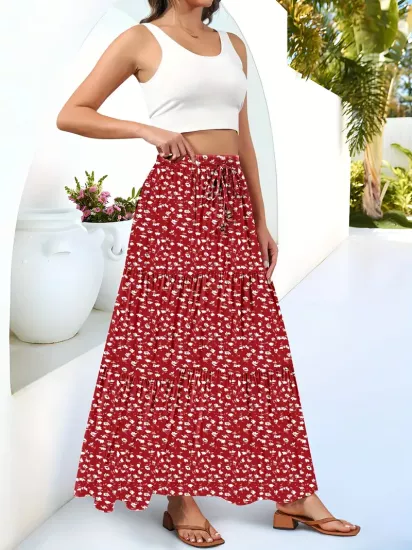 Bol Kesim Kıvrımlı Kırmızı Kadın Kumaş Etek