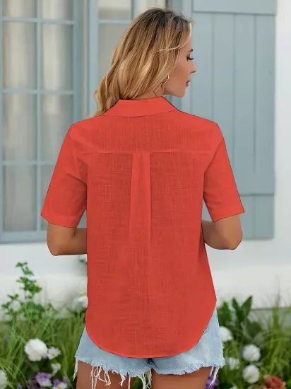 Kısa Kollu Nokta Desenli Kırmızı Kadın Gömlek