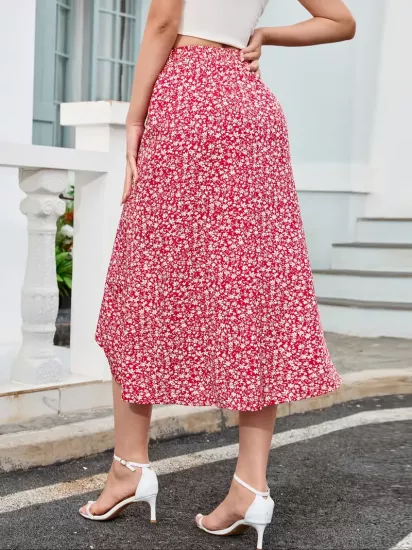 Bol Kesim Düz Renk Yırtmaçlı Kırmızı Kadın Kumaş Etek