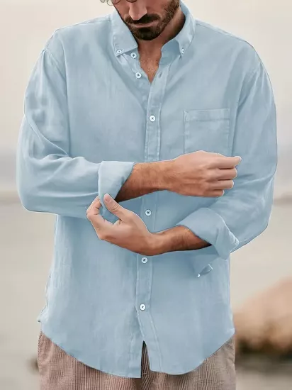 Erkekler için Şık Düz Renk Uzun Kollu Pamuk Gömlek Düğmeli Göğüs Cebi ile, İlkbahar ve Sonbahar Gezileri için Mükemmel, Makinede Yıkanabilir