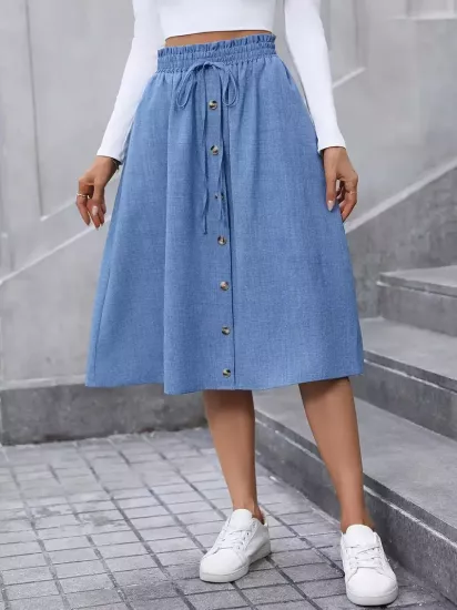 Bol Kesim Düz Renk Yırtmaçlı Mavi Kadın Kumaş Etek