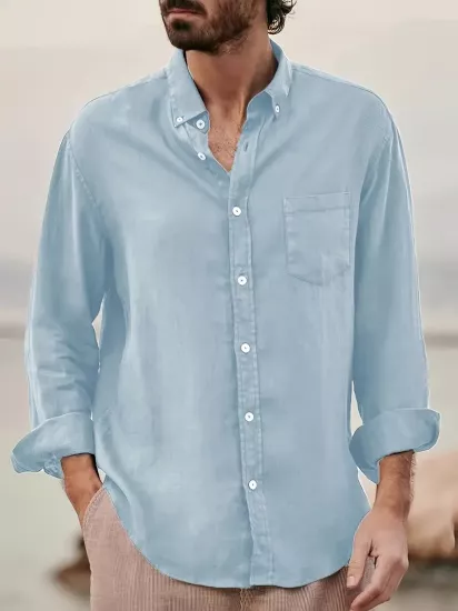 Erkekler için Şık Düz Renk Uzun Kollu Pamuk Gömlek Düğmeli Göğüs Cebi ile, İlkbahar ve Sonbahar Gezileri için Mükemmel, Makinede Yıkanabilir