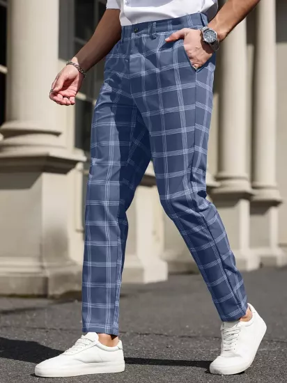 Ekose Dar Kesim Rahat Şık, Esnek Olmayan Kumaş Tüm Mevsimler İçin Uygun Erkek Pantolon