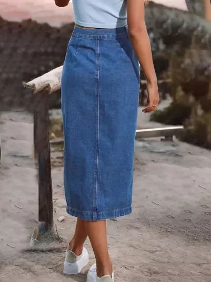 Klasik Düz Günlük Kullanım İçin Mavi Kadın Jean Etek