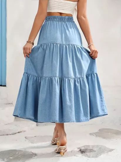 Bol Kesim Kıvrımlı Mavi Kadın Kumaş Etek