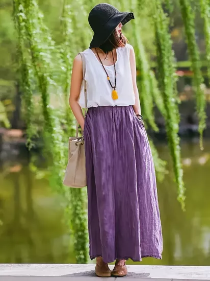Bol Kesim Düz Renk Yırtmaçlı Mor Kadın Kumaş Etek
