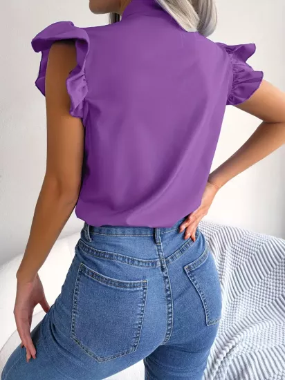 Standart Yaka Fularlı Kısa Kollu Mor Kadın Bluz