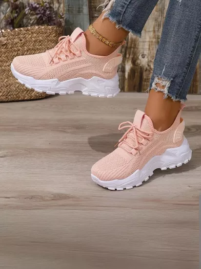 Bağcıklı Rahat Günlük Kullanım İçin Spor Tarz Pembe Kadın Ayakkabı