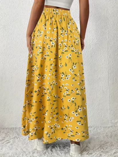 Bol Kesim Düz Renk Yırtmaçlı Sarı Kadın Kumaş Etek