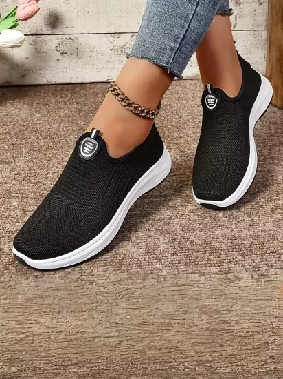 Örgü Kumaş, Rahat Günlük Giyim Bağcıksız Siyah Kadın Ayakkabı