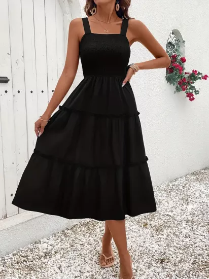 Dokuma Ayarlanabilir Askılı Siyah Kısa Elbise 