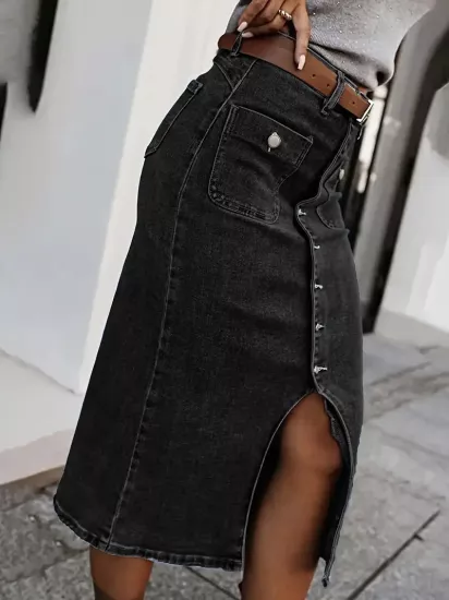 Klasik Düz Günlük Kullanım İçin Siyah Kadın Jean Etek