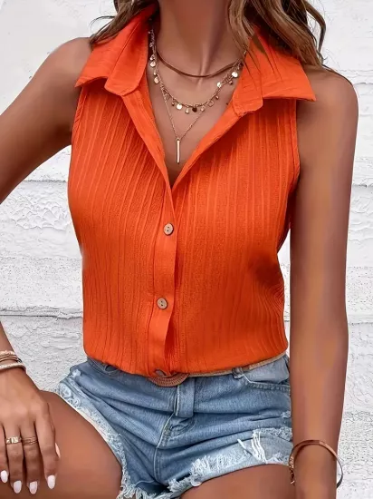Standart Yaka Fularlı Kısa Kollu Turuncu Kadın Bluz