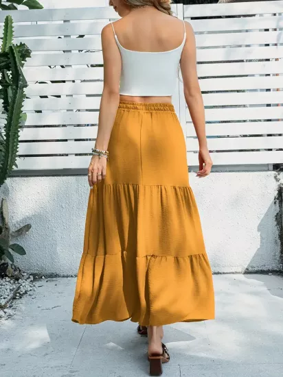 Bol Kesim Düz Renk Yırtmaçlı Turuncu Kadın Kumaş Etek