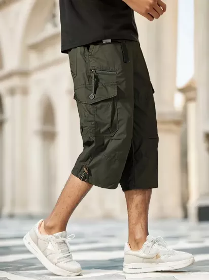 Çoklu Fermuarlı Cep Detaylı Taktik Kargo Pantolon Pamuk Karışımı, Esnek Bel Bantı, Düğmeli Kapama Erkek Şort