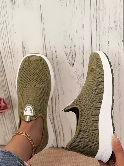 Örgü Kumaş, Rahat Günlük Giyim Bağcıksız Yeşil Kadın Ayakkabı