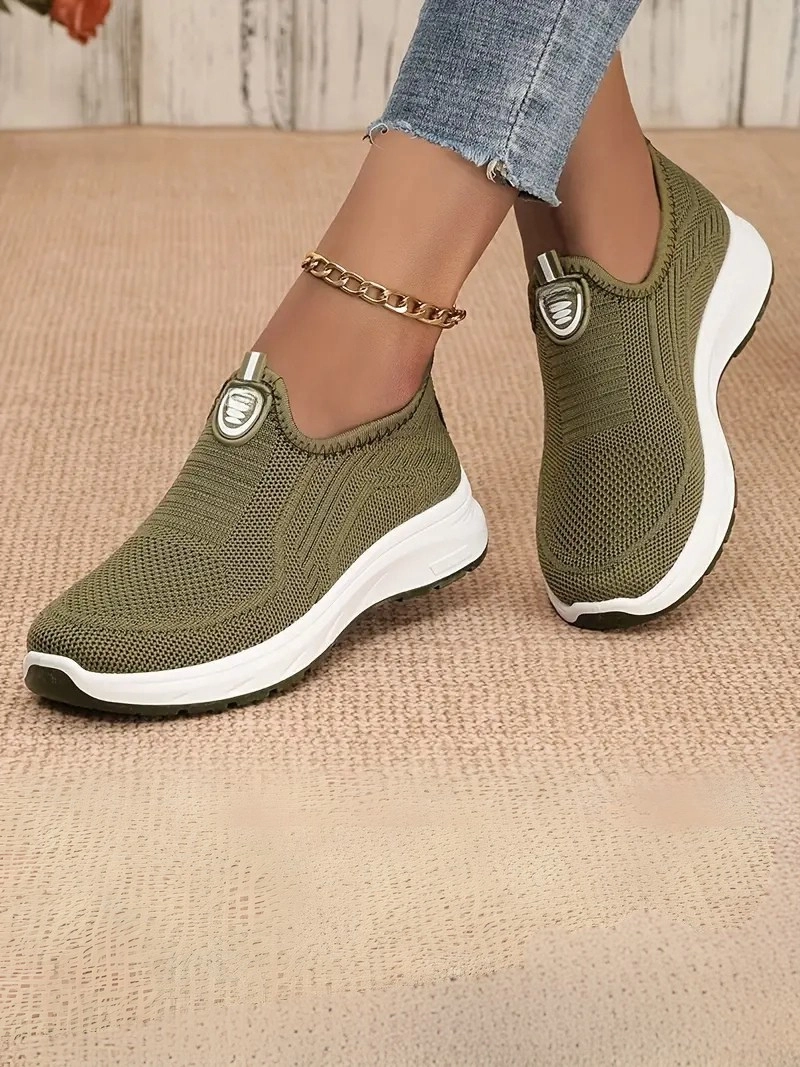 Örgü Kumaş, Rahat Günlük Giyim Bağcıksız Yeşil Kadın Ayakkabı
