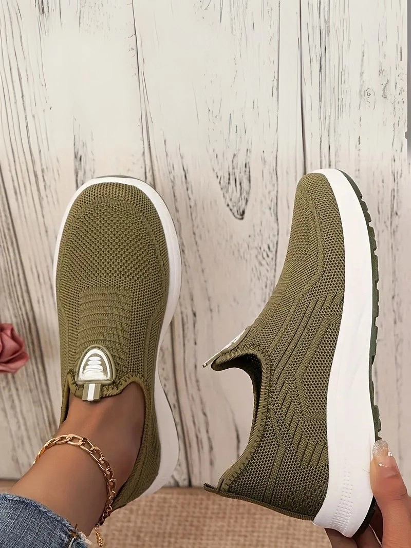 Örgü Kumaş, Rahat Günlük Giyim Bağcıksız Yeşil Kadın Ayakkabı